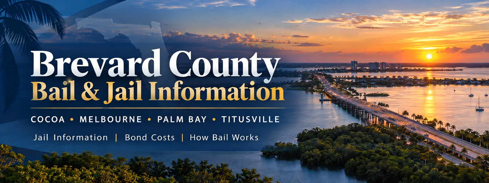 Brevard County Bail and Jail Information banner with a coastal sunset, causeway and Florida outline; serving Cocoa, Melbourne, Palm Bay and Titusville